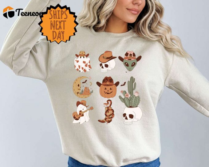 Western Halloween Sweatshirt, Halloween Sweater, Halloween Doodles Sweater, Western Sweater, Country Halloween Sweater, Fall Sweater 1