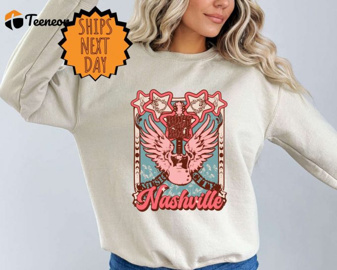 Western Nashville Music City Sweatshirt, Rock And Roll Sweatshirt, Nashville Sweater, Vintage Sweater, Guitar Sweater, Music Gift Sweatshirt 1