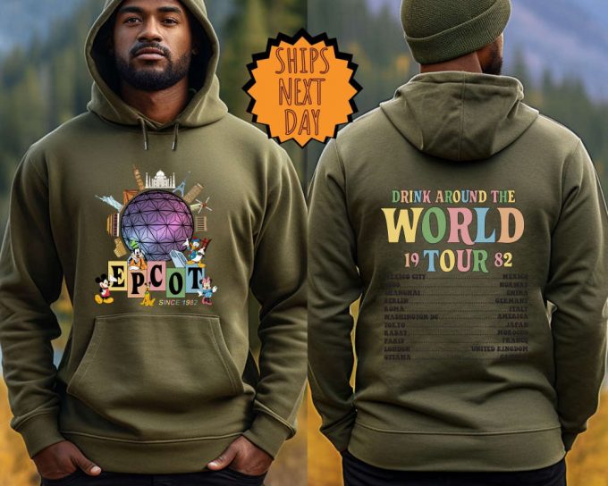 Disney Epcot World Tour Sweatshirt, Disney Epcot Two Sided Hoodie, Mickey And Friends Shirt, Epcot Drink Around The World, Epcot Center 1982 2