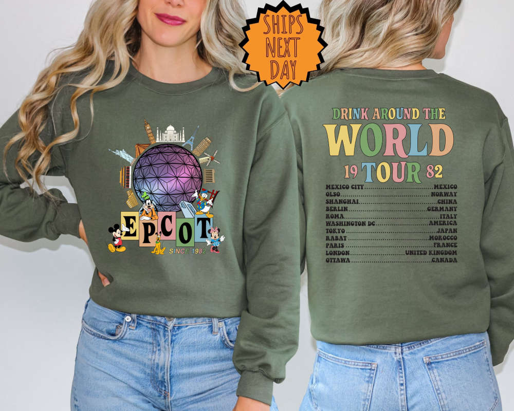 Disney Epcot World Tour Sweatshirt, Disney Epcot Two Sided Hoodie, Mickey And Friends Shirt, Epcot Drink Around the World, Epcot Center 1982 287