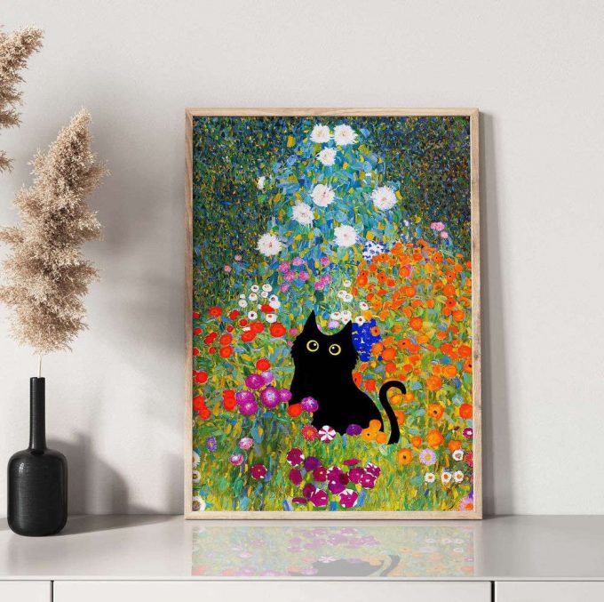 Gustav Klimt Garden Cat Print, Klimt Flowers Cat Poster For Home Decor Gift, Black Cat Art, Floral Print, Funny Cat Poster For Home Decor Gift 2