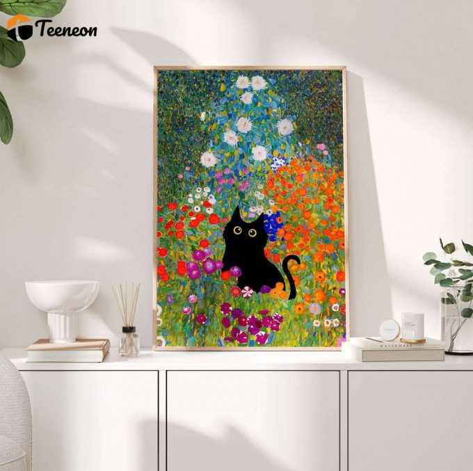 Gustav Klimt Garden Cat Print, Klimt Flowers Cat Poster For Home Decor Gift, Black Cat Art, Floral Print, Funny Cat Poster For Home Decor Gift 1