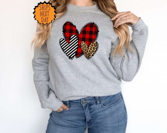 Valentines Day 3 Heart Sweatshirt, Leopard Print Heart Shirt ,Cute Valentines Day Shirt, Plaid Print Shirt, Cute Heart Shirt, Valentines Tee 4