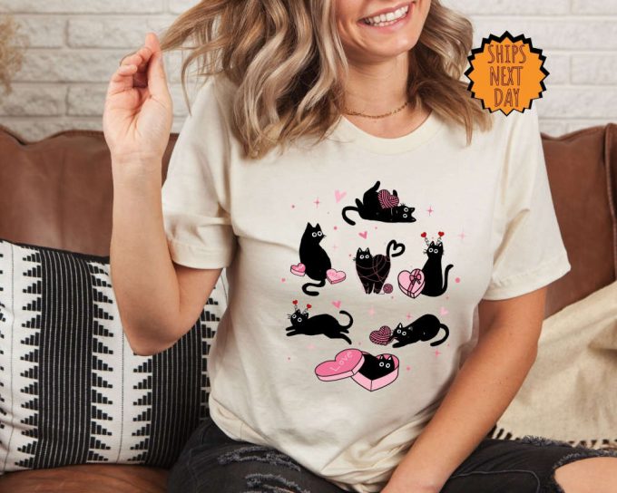 Valentine’s Day Black Cat Shirt, Valentines Cat Shirt, Cat Lover Shirt, Cute Valentine Cats Shirt, Cat Hearts Shirt, Valentines Day Shirts 4