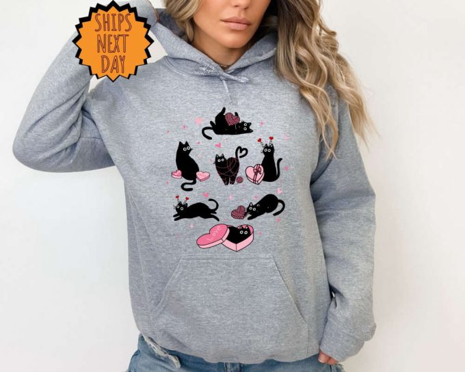 Valentine’s Day Black Cat Sweatshirt Valentines Cat Hoodie, Cat Lover Shirt, Cute Valentine Cats, Cat Hearts Sweater, Valentines Day Shirts 2