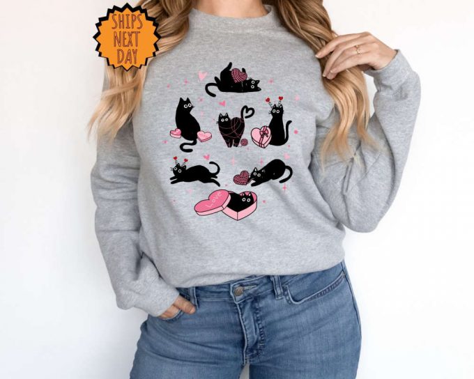 Valentine’s Day Black Cat Sweatshirt Valentines Cat Hoodie, Cat Lover Shirt, Cute Valentine Cats, Cat Hearts Sweater, Valentines Day Shirts 5