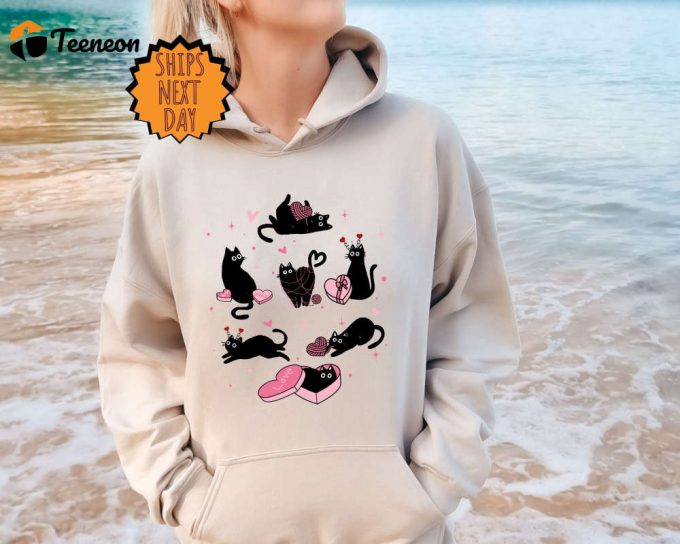 Valentine’s Day Black Cat Sweatshirt Valentines Cat Hoodie, Cat Lover Shirt, Cute Valentine Cats, Cat Hearts Sweater, Valentines Day Shirts 1