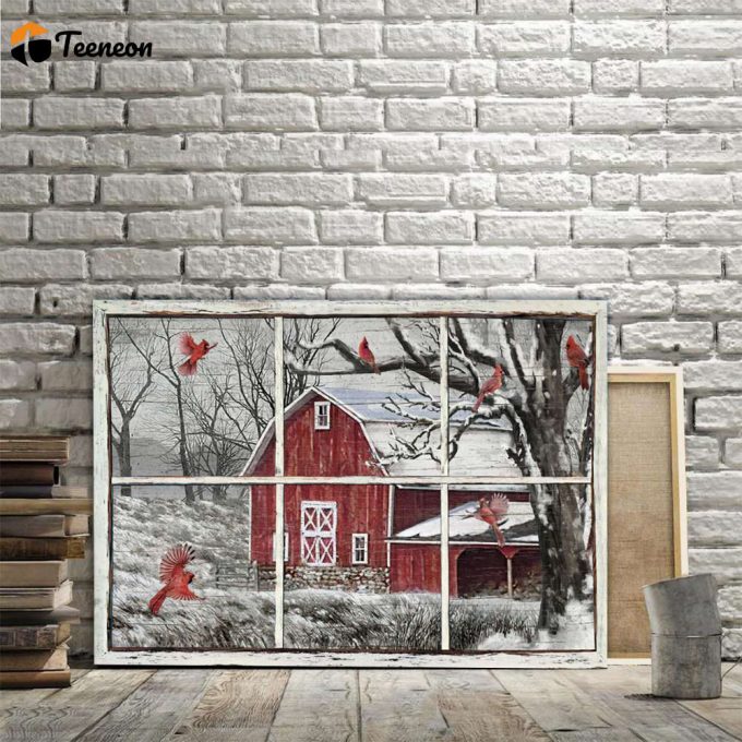 Winter Red Barn Snowy Bird Poster For Home Decor Gift For Home Decor Gift