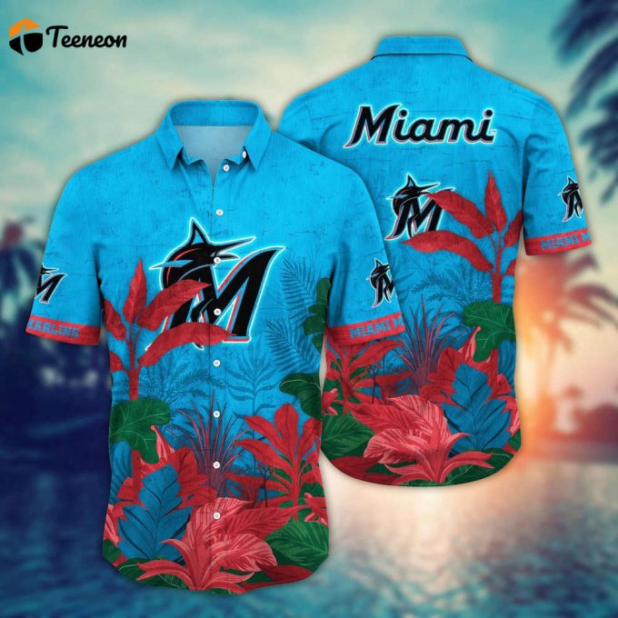 Mlb Miami Marlins Hawaiian Shirt Flower Tropical Trees Pattern For Fans 1