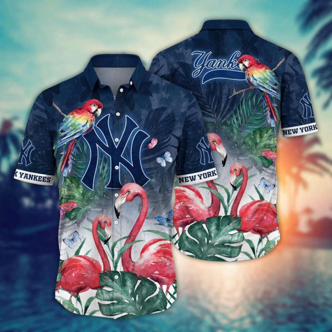 Mlb New York Yankees Hawaiian Shirt Flower Pink Crane Pattern For Fans 2