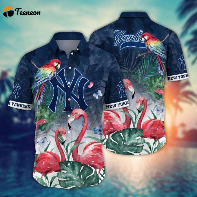 Mlb New York Yankees Hawaiian Shirt Flower Pink Crane Pattern For Fans 1