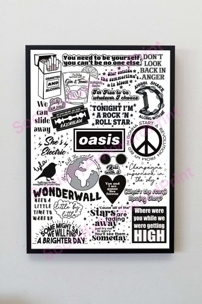 Oasis Inspired Lyrics Print, Oasis Poster, Oasis Doodle Illustration Wall Art 2