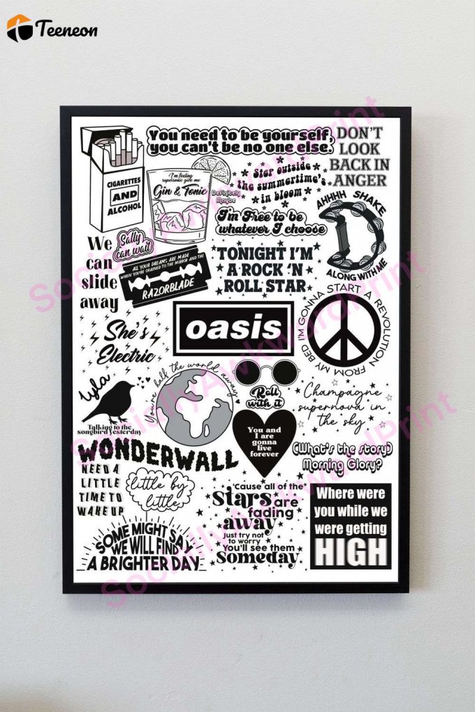 Oasis Inspired Lyrics Print, Oasis Poster, Oasis Doodle Illustration Wall Art 1