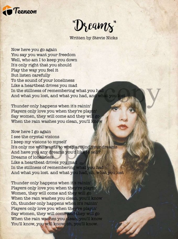 Stevie Nicks Art, Fleetwood Mac, Dreams Lyrics Poster For Home Decor Gift 1