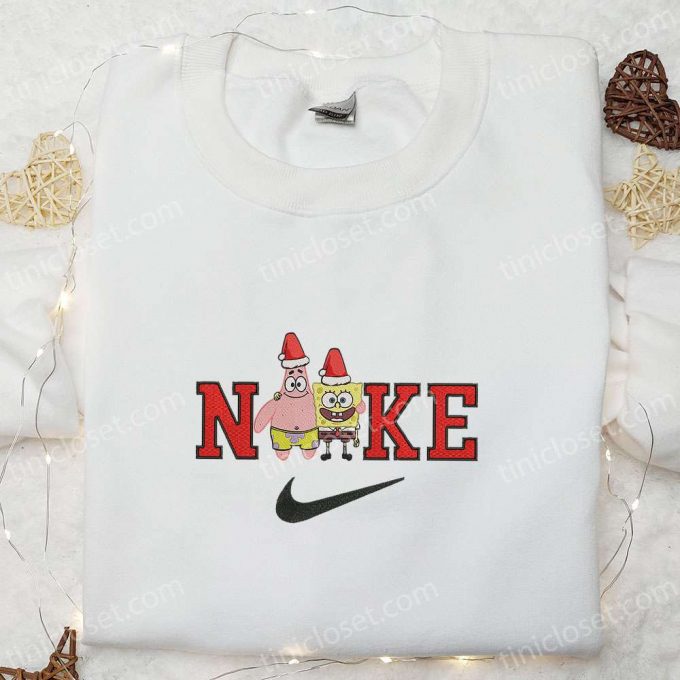 Custom Nike Embroidered Shirt &Amp; Hoodie: Christmas Patrick Star &Amp; Spongebob Cartoon Characters T-Shirt 6