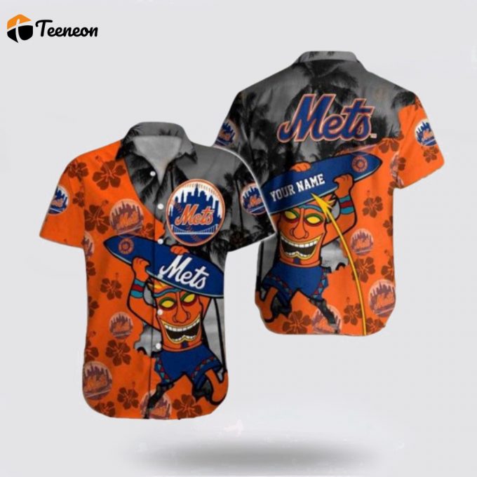 Customized Mlb Newyork Mets Hawaiian Shirt Orange Button Up Beach Shirt For Fan Mlb 1