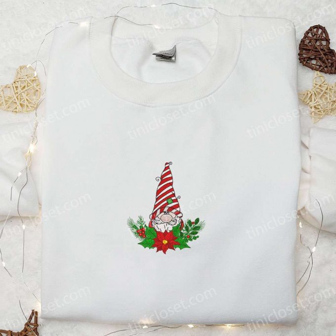 Cute Gnome Christmas Poinsettia Embroidered Hoodie: B Gift For Men Women Gift Idea For Family 3