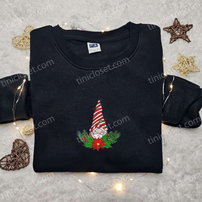 Cute Gnome Christmas Poinsettia Embroidered Hoodie: B Gift For Men Women Gift Idea For Family 5