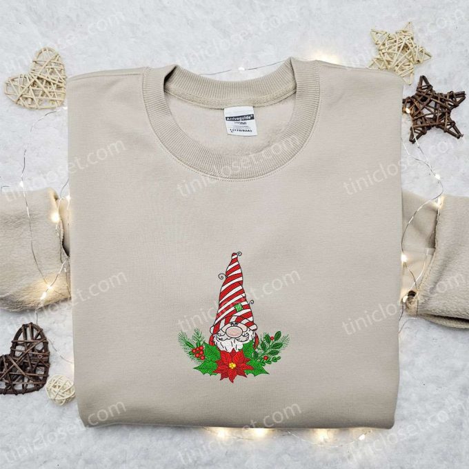 Cute Gnome Christmas Poinsettia Embroidered Hoodie: B Gift For Men Women Gift Idea For Family 6