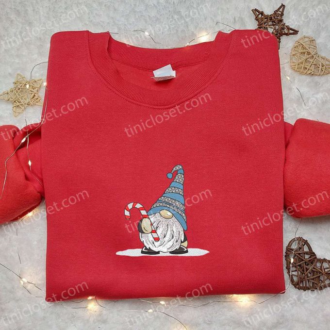 Cute Gnome Candy Cane T-Shirt: B Gift For Men Women Christmas Gift Idea For Family Embroidered Christmas Shirt 2