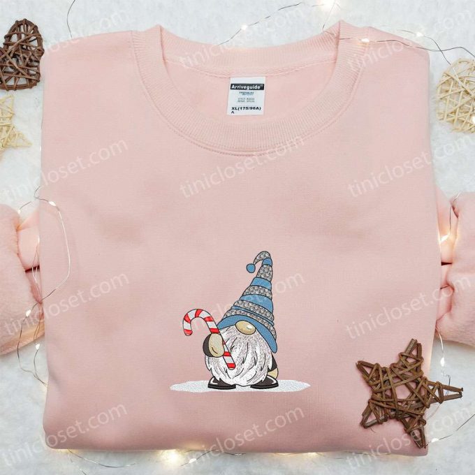 Cute Gnome Candy Cane T-Shirt: B Gift For Men Women Christmas Gift Idea For Family Embroidered Christmas Shirt 3