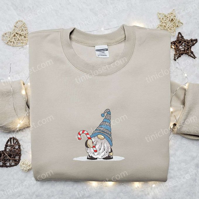 Cute Gnome Candy Cane T-Shirt: B Gift For Men Women Christmas Gift Idea For Family Embroidered Christmas Shirt 4