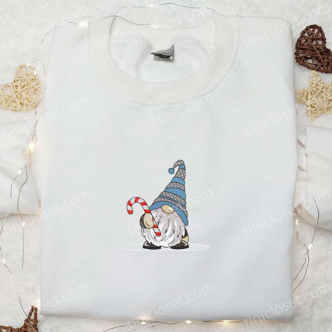 Cute Gnome Candy Cane T-Shirt: B Gift For Men Women Christmas Gift Idea For Family Embroidered Christmas Shirt 5