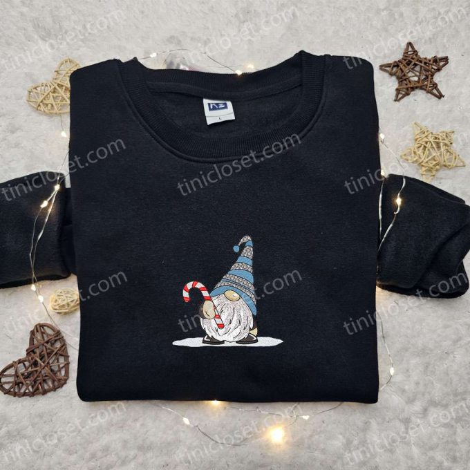 Cute Gnome Candy Cane T-Shirt: B Gift For Men Women Christmas Gift Idea For Family Embroidered Christmas Shirt 6