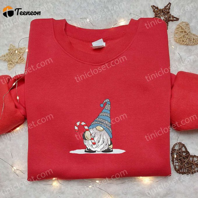 Cute Gnome Candy Cane T-Shirt: B Gift For Men Women Christmas Gift Idea For Family Embroidered Christmas Shirt 1