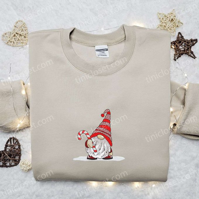 Cute Gnome Candy Cane Embroidered T-Shirt: B Gift For Men Women Christmas Gift Ideas For Family 2