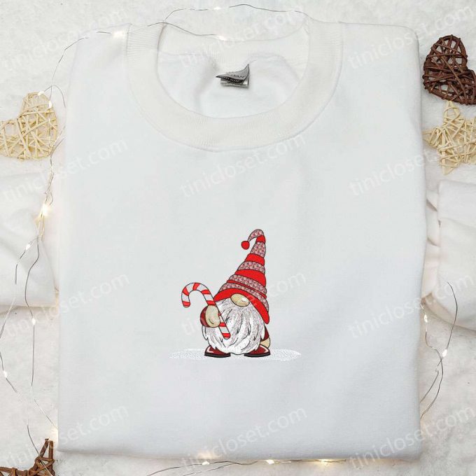 Cute Gnome Candy Cane Embroidered T-Shirt: B Gift For Men Women Christmas Gift Ideas For Family 4