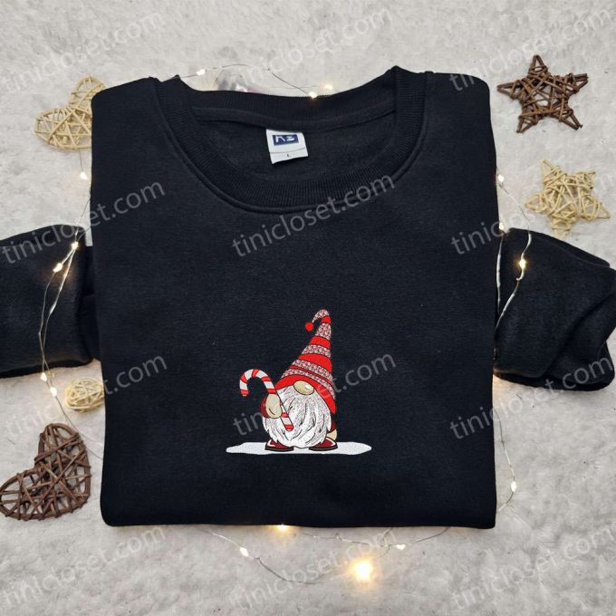 Cute Gnome Candy Cane Embroidered T-Shirt: B Gift For Men Women Christmas Gift Ideas For Family 6