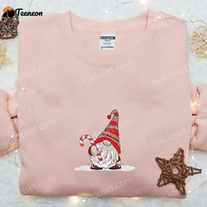 Cute Gnome Candy Cane Embroidered T-Shirt: B Gift For Men Women Christmas Gift Ideas For Family 1