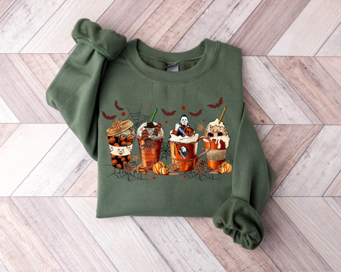 Spooky Horror Character Coffee Cups Sweatshirt – Perfect For Horror Lovers! 2