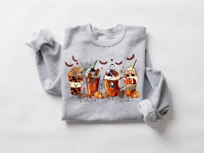 Spooky Horror Character Coffee Cups Sweatshirt – Perfect For Horror Lovers! 4