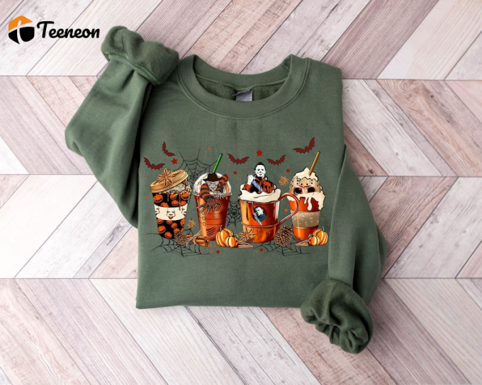 Spooky Horror Character Coffee Cups Sweatshirt – Perfect For Horror Lovers! 1