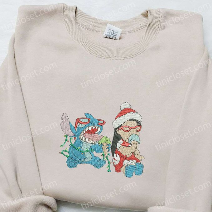 Lilo And Stitch Christmas Embroidered Shirt &Amp; Hoodie: Disney Characters Eating Ice-Cream Perfect Christmas Apparel! 2