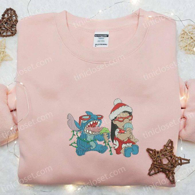 Lilo And Stitch Christmas Embroidered Shirt &Amp; Hoodie: Disney Characters Eating Ice-Cream Perfect Christmas Apparel! 3