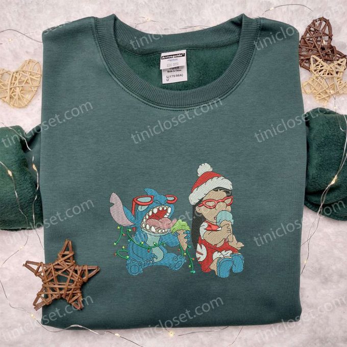 Lilo And Stitch Christmas Embroidered Shirt &Amp; Hoodie: Disney Characters Eating Ice-Cream Perfect Christmas Apparel! 4