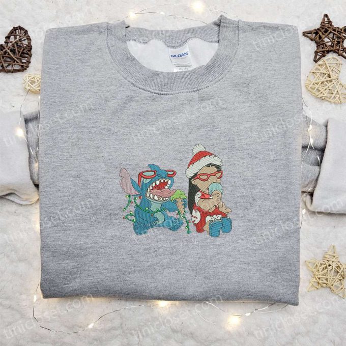 Lilo And Stitch Christmas Embroidered Shirt &Amp; Hoodie: Disney Characters Eating Ice-Cream Perfect Christmas Apparel! 5