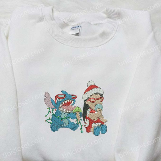 Lilo And Stitch Christmas Embroidered Shirt &Amp; Hoodie: Disney Characters Eating Ice-Cream Perfect Christmas Apparel! 6