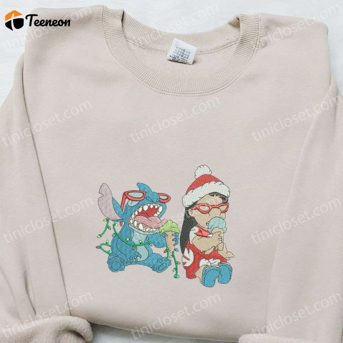 Lilo And Stitch Christmas Embroidered Shirt &Amp;Amp; Hoodie: Disney Characters Eating Ice-Cream Perfect Christmas Apparel! 1