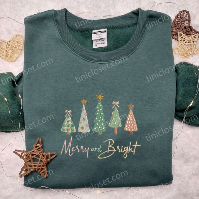 Shop F Gift For Men Women Merry And Bright Christmas Trees Embroidered Shirt &Amp; Hoodie - Perfect Christmas Gifts For Family! 2