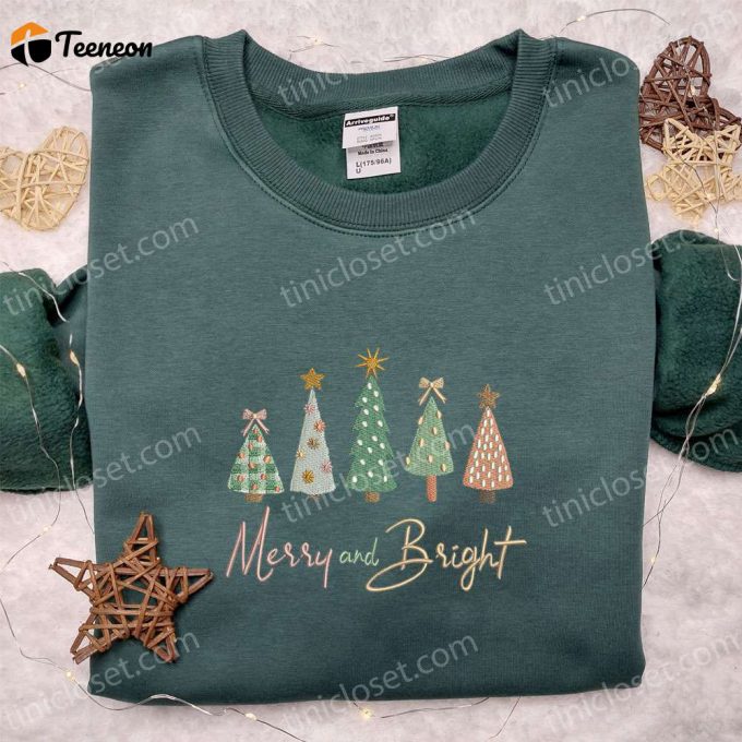 Shop F Gift For Men Women Merry And Bright Christmas Trees Embroidered Shirt &Amp;Amp; Hoodie - Perfect Christmas Gifts For Family! 1