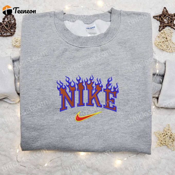 Nike Blue Fire Logo Embroidered Shirt &Amp;Amp; Hoodie: B Gift For Men Women Family Gifts 1