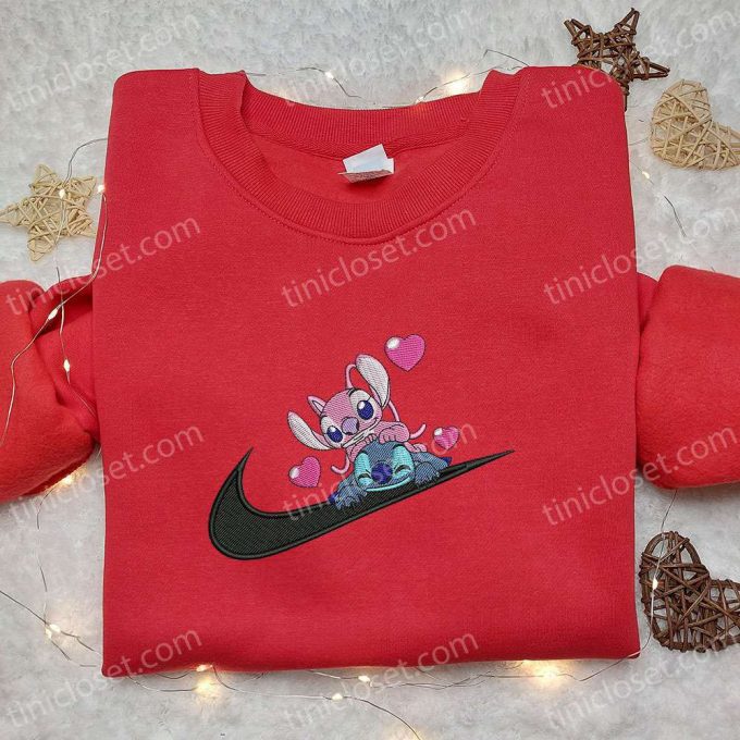 Stitch Angel Couple Love X Swoosh Embroidered Hoodie - Disney Characters Shirt Perfect Family Gift 2