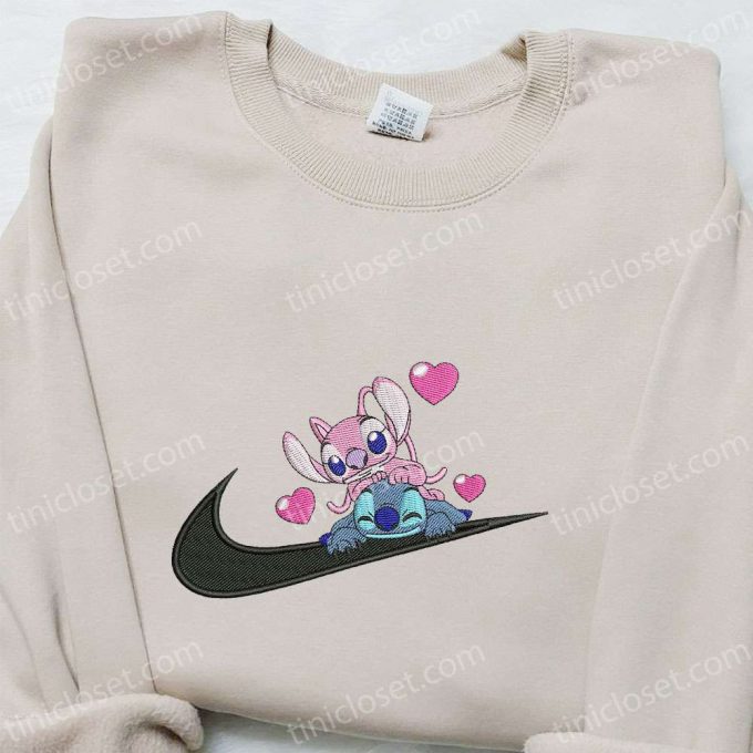 Stitch Angel Couple Love X Swoosh Embroidered Hoodie - Disney Characters Shirt Perfect Family Gift 3