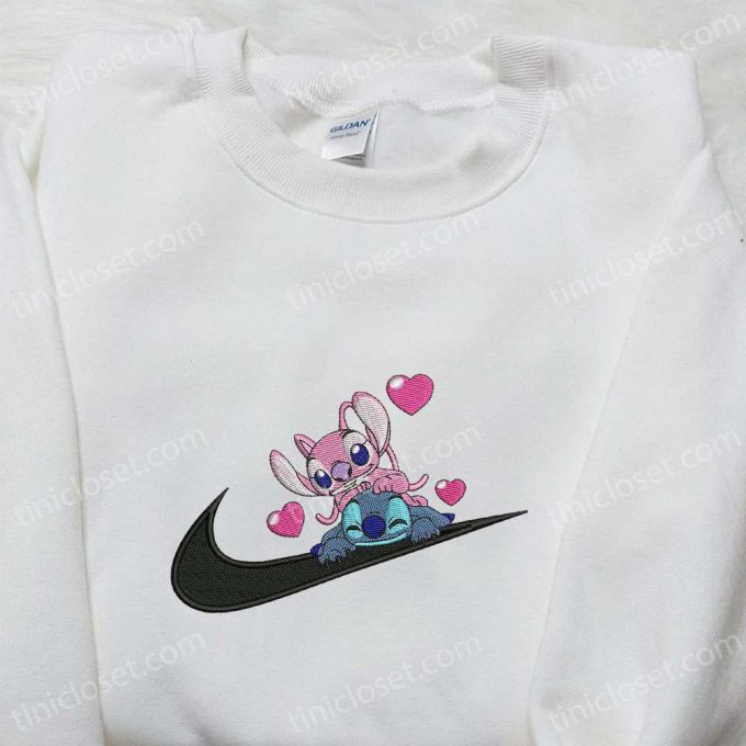 Stitch Angel Couple Love X Swoosh Embroidered Hoodie - Disney Characters Shirt Perfect Family Gift 4