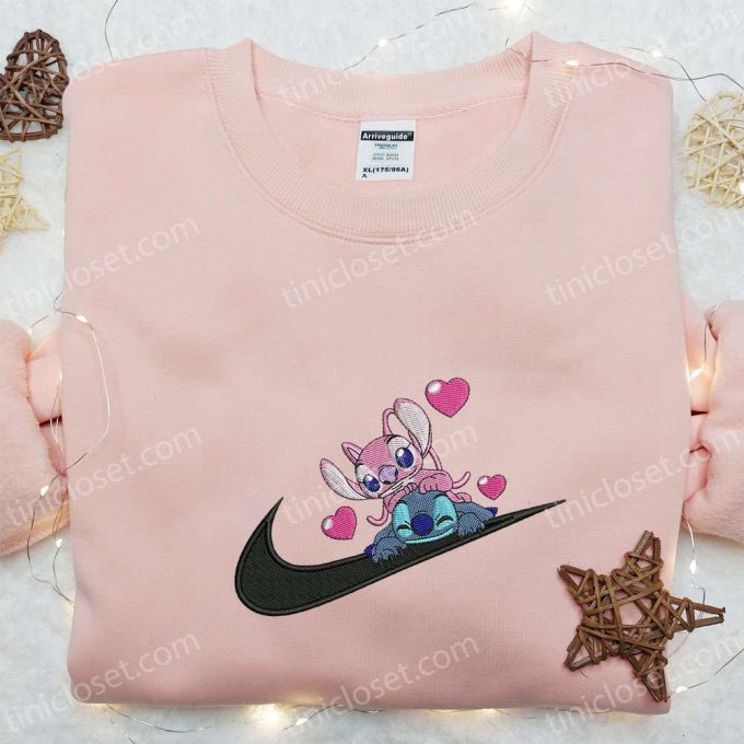 Stitch Angel Couple Love X Swoosh Embroidered Hoodie - Disney Characters Shirt Perfect Family Gift 5