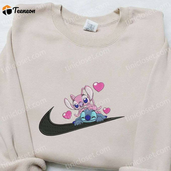 Stitch Angel Couple Love X Swoosh Embroidered Hoodie - Disney Characters Shirt Perfect Family Gift 1